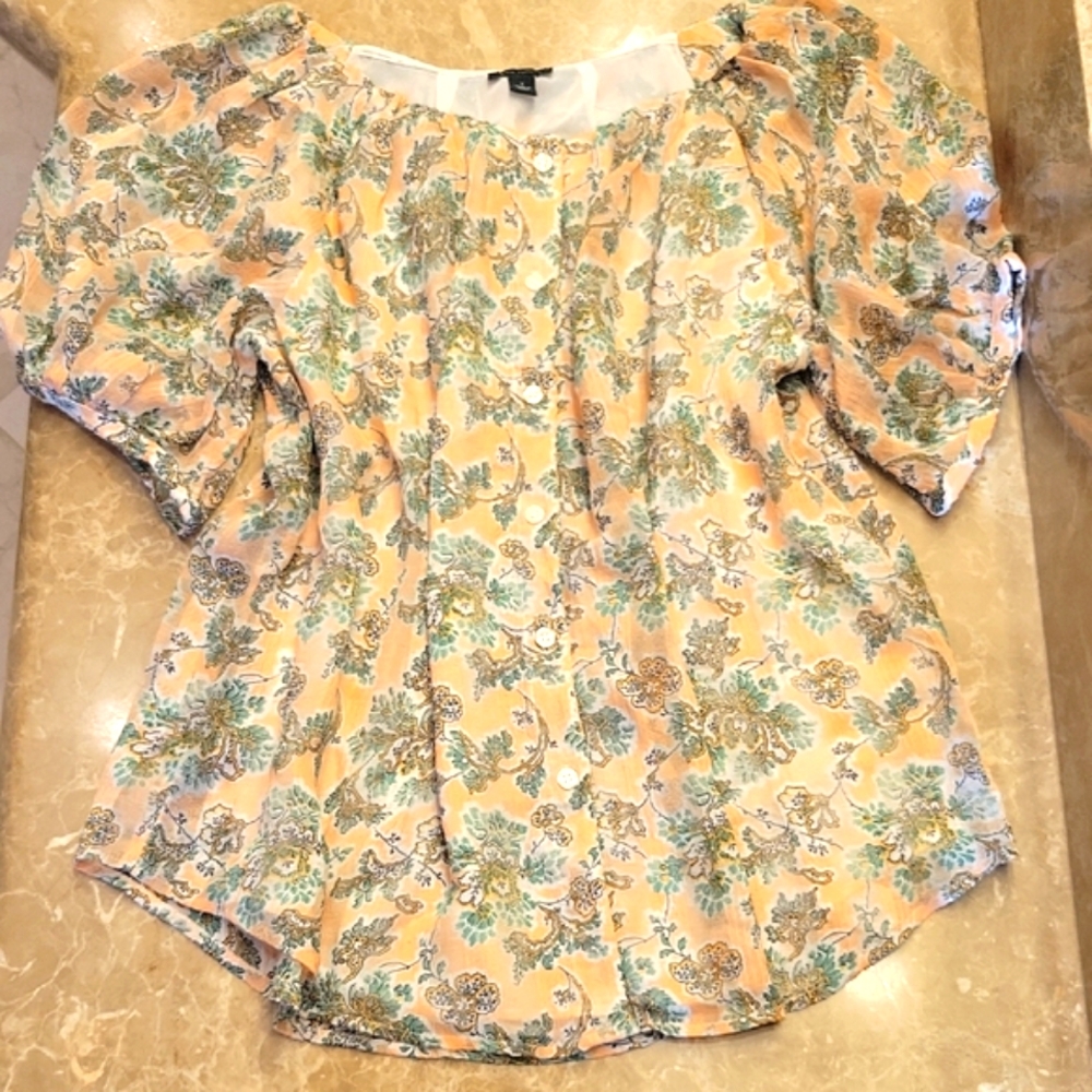 Ann Taylor Floral Blouse - Peach and Green, M